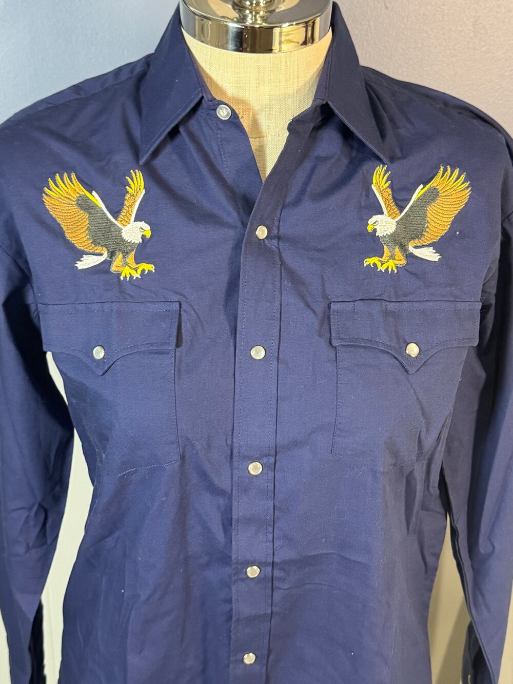 Vintage Blair Navy Pearl Snap Western Shirt American Eagles Embroidery Sz Small